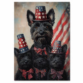 Mother Scottish Terrier and Three Puppies in Patriotic Star Hats with American Flag Backdrop in Festive Family Portrait on Ready to Hang 1.5" Thick Canvas Wrap, Floating Framed Canvas, Flat Rolled Canvas